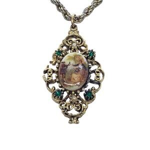 Vintage Fragonard Style Portrait Pendant Necklace Gold Filigree Green Rhinestone